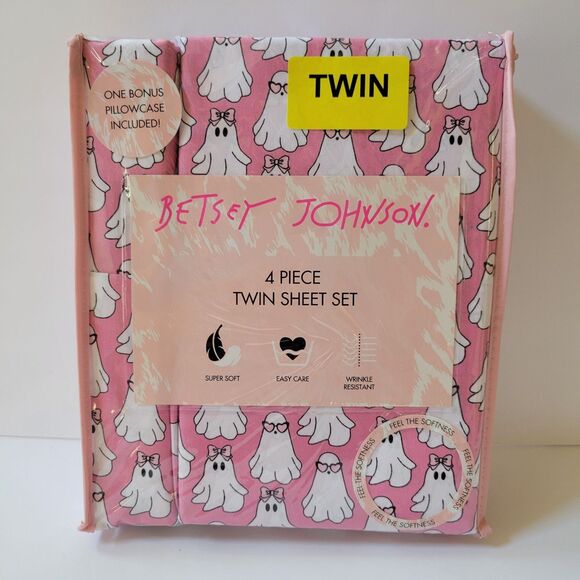 Betsey Johnson 4pc Pink Twin Sheet Set Hey Boo Ghosts w/ Bows Sunglasses Sheets - Picture 4 of 10